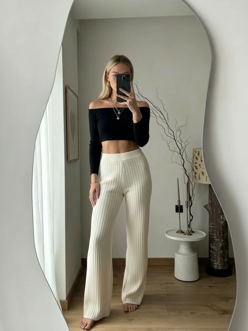 MOTF Cream Ribbed Knit Wide Leg Pants Sz L